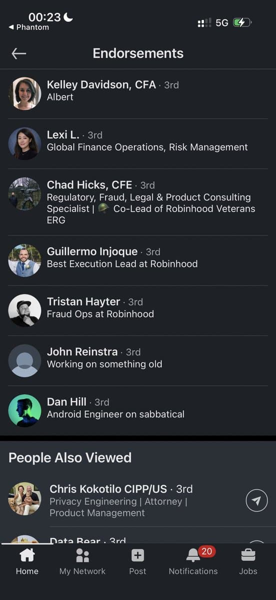 Screenshot of LinkedIn endorsements for RH Rocket from Robinhood employees