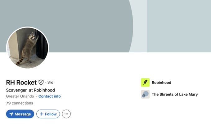 Screenshot of RH Rocket's LinkedIn profile — Scavenger at Robinhood, The Skreets of Lake Mary