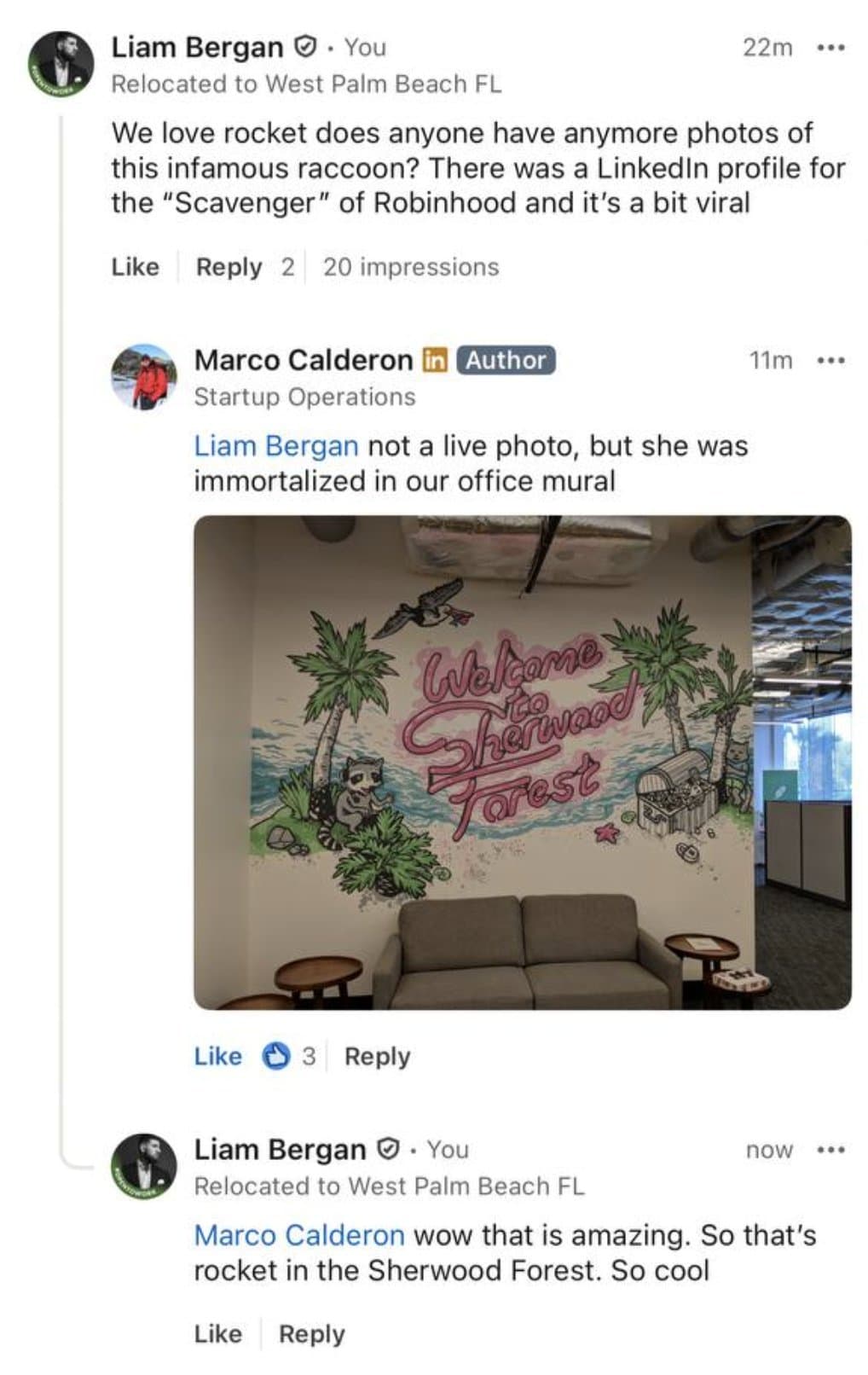 LinkedIn comment by Marco Calderon with a photo of the Welcome to Sherwood Forest office mural featuring a raccoon