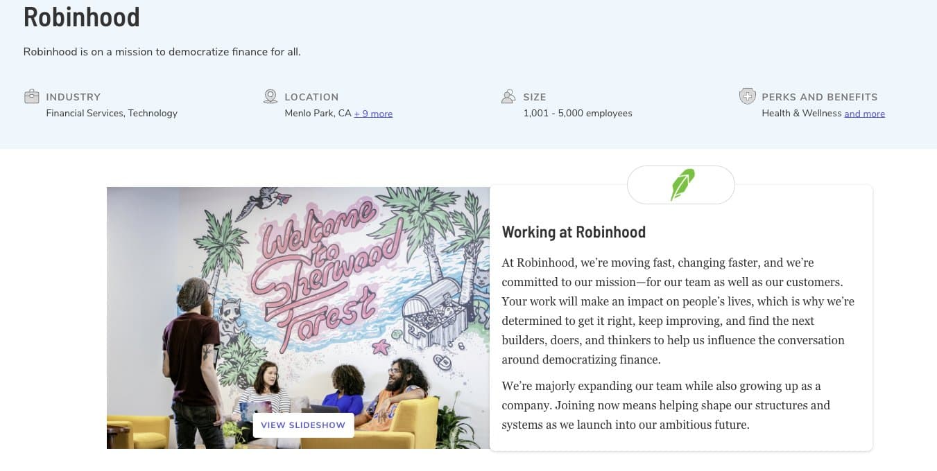 The Muse careers page for Robinhood showing the Sherwood Forest mural in office photos