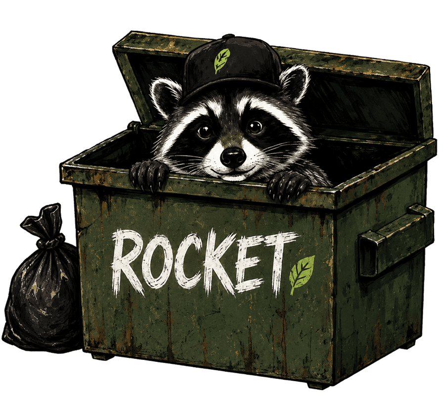 Rocket in her cap, peeking out of an open green ROCKET dumpster