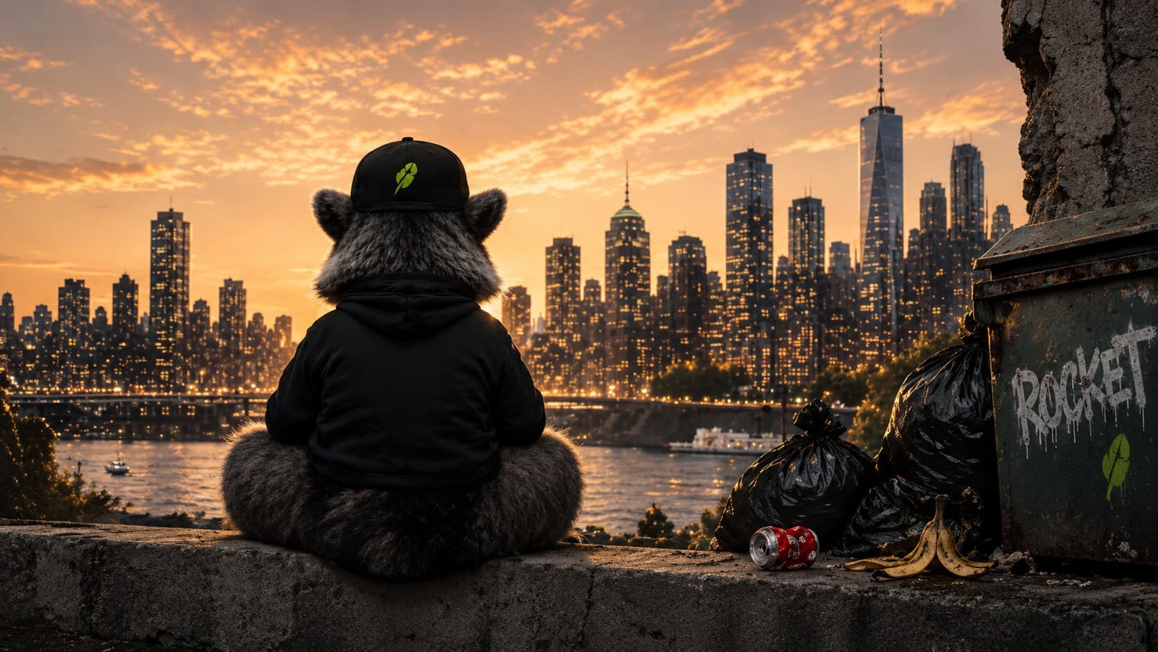 Rocket in a black Robinhood hoodie and cap, sitting on a ledge with her back to the camera, looking out over the city skyline at dusk beside a green ROCKET dumpster