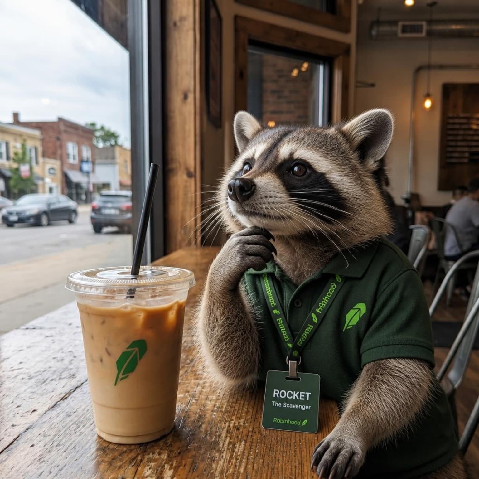Rocket in a green polo with a ROCKET badge gazing out a café window beside an iced latte