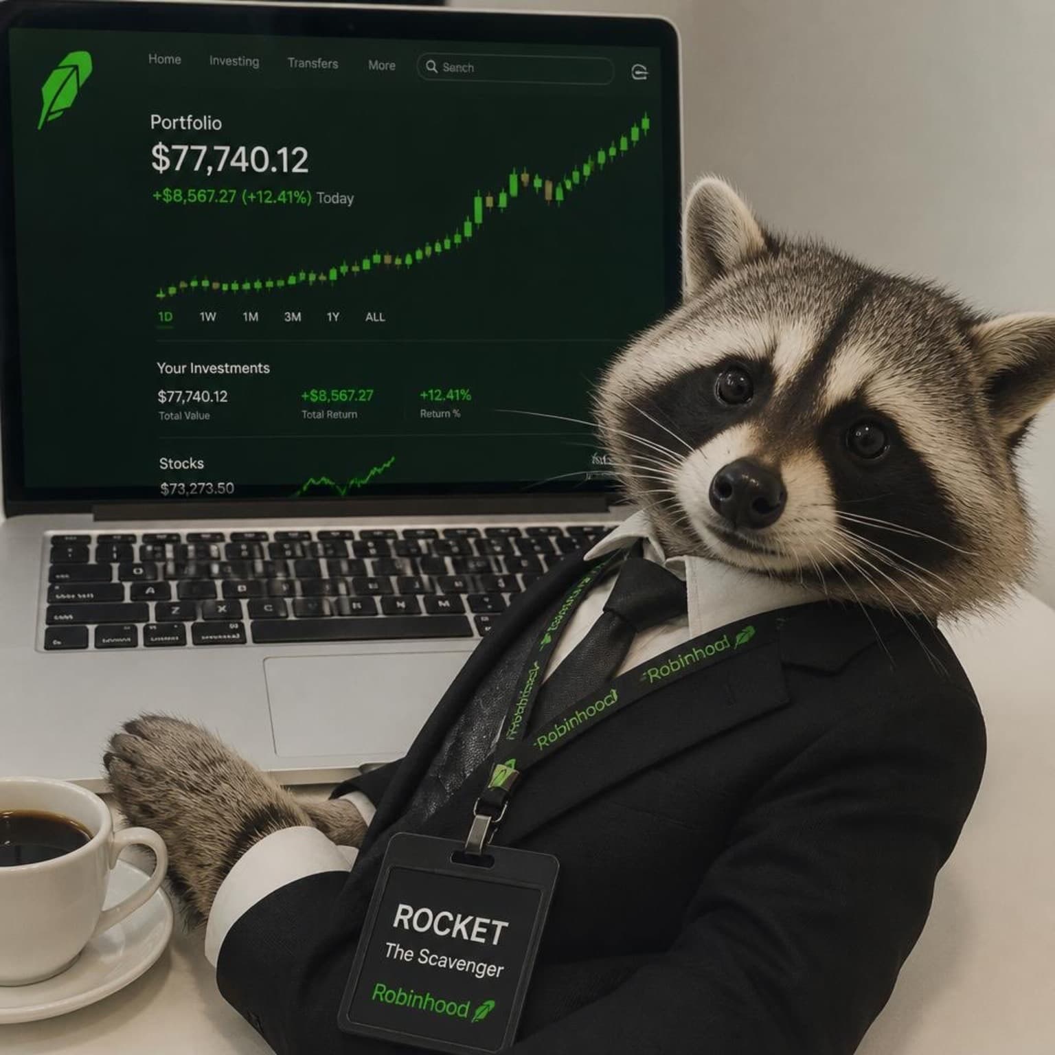 Rocket in a black suit and badge leaning back at a desk in front of a laptop showing a portfolio up 12%