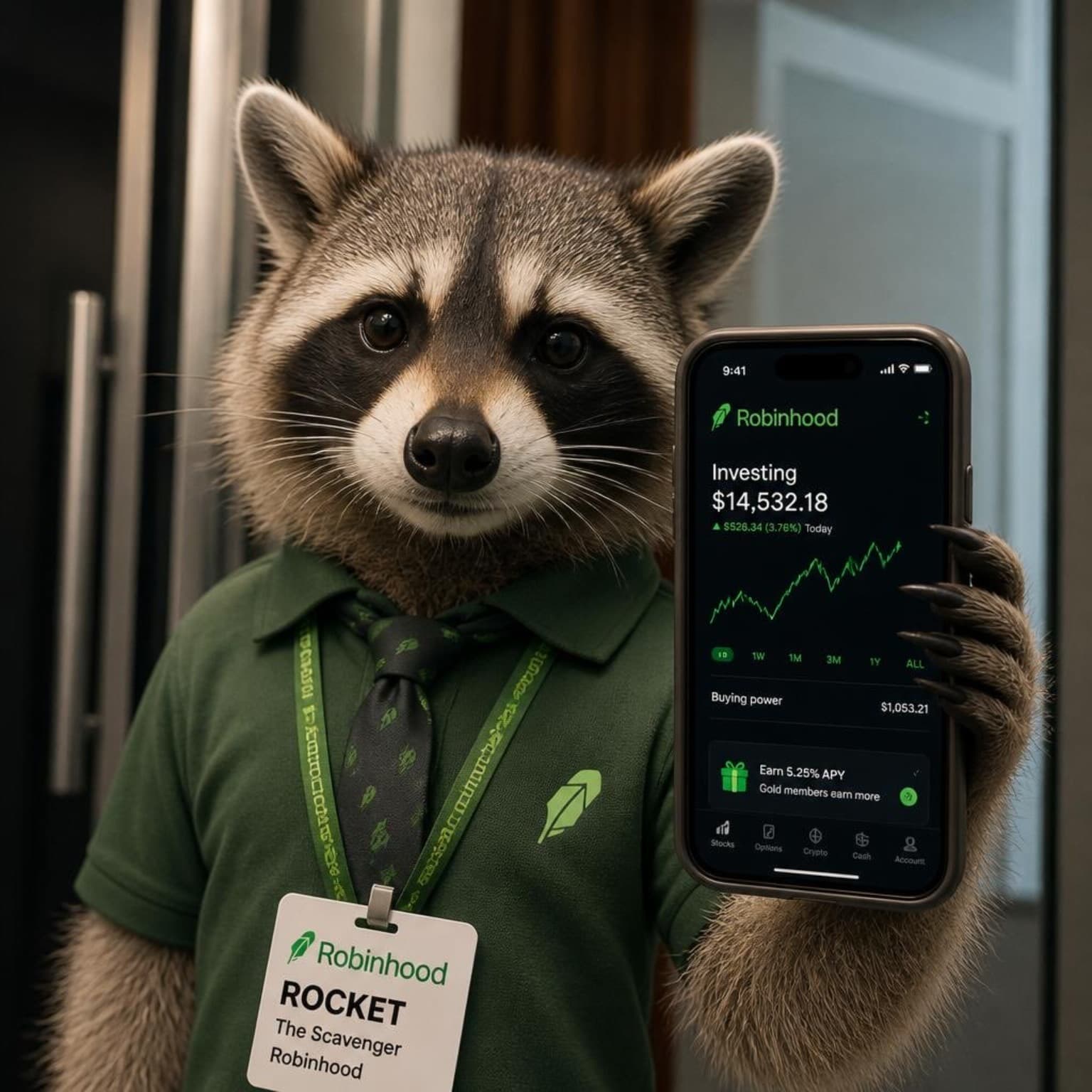 Rocket in a green polo holding up a phone showing an investing app at the office door