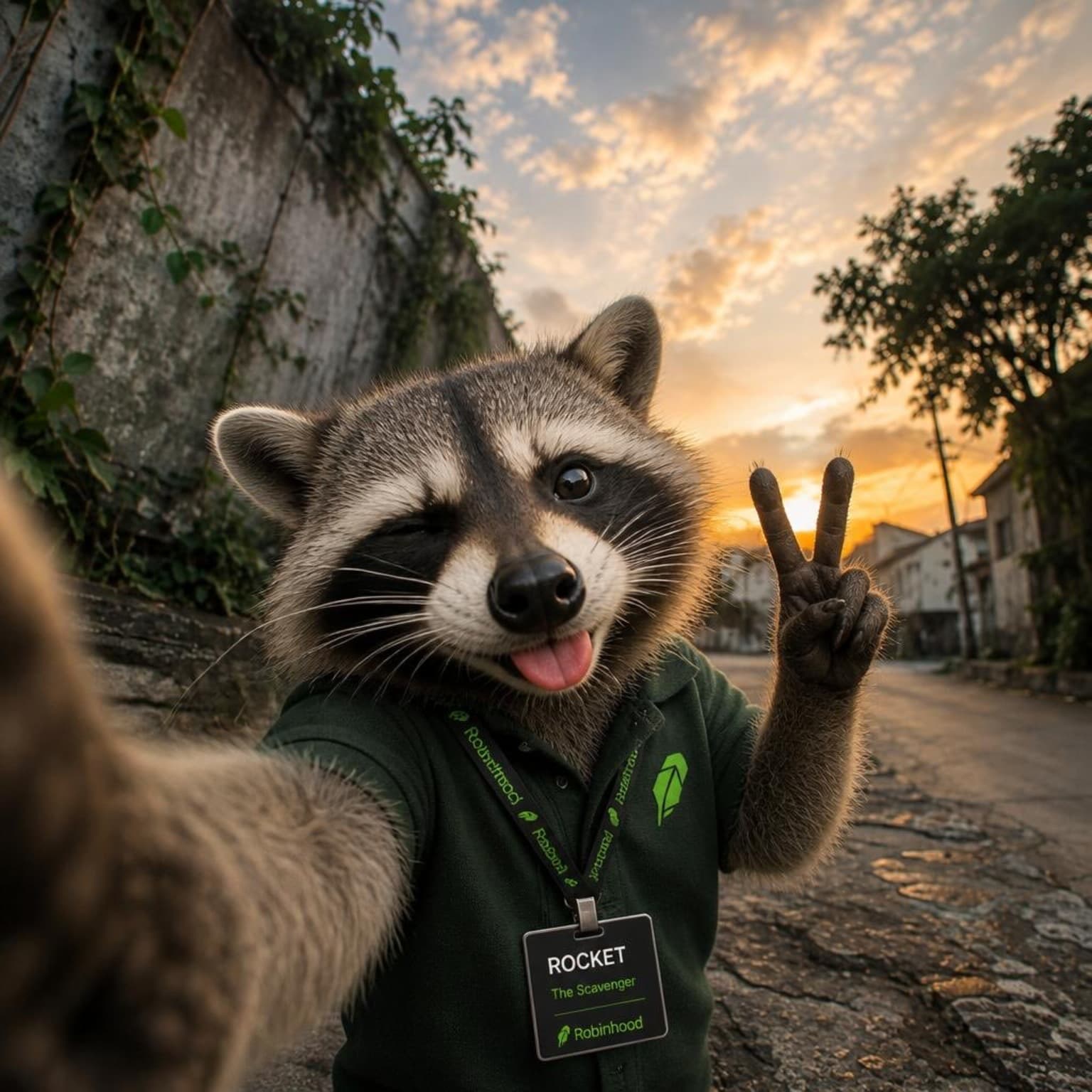 Rocket in a green Robinhood polo with a ROCKET badge, winking and flashing a peace sign