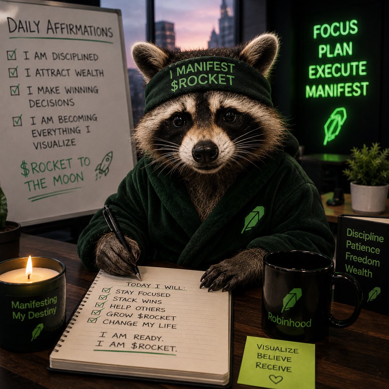 Rocket in a robe writing daily affirmations: I am $ROCKET