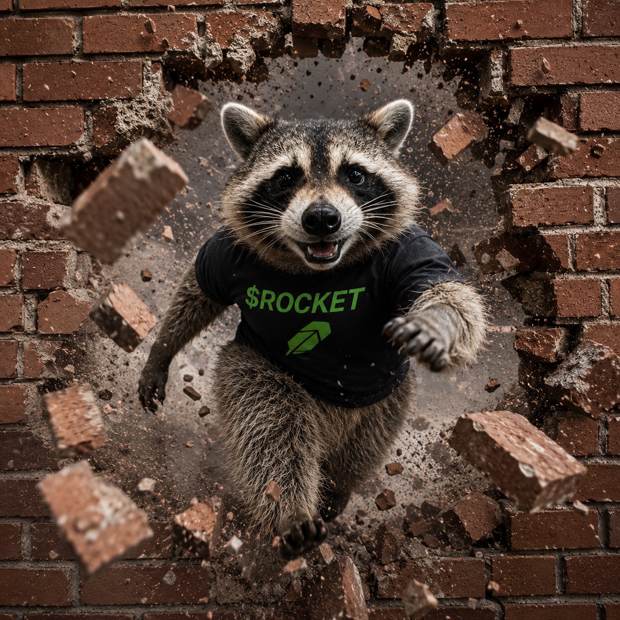 Rocket in a $ROCKET shirt bursting through a brick wall