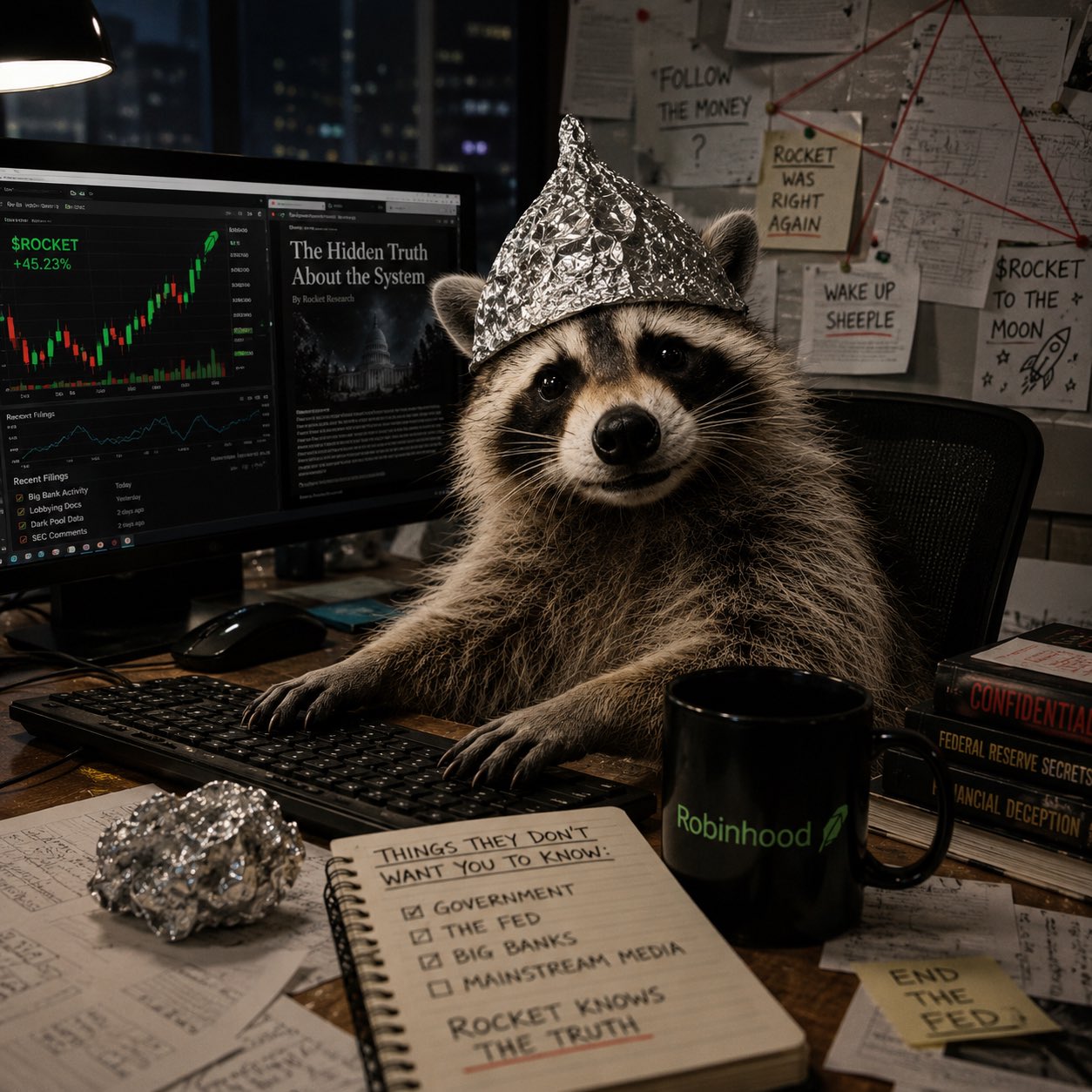Rocket in a tinfoil hat at a desk covered in conspiracy notes reading Rocket was right again