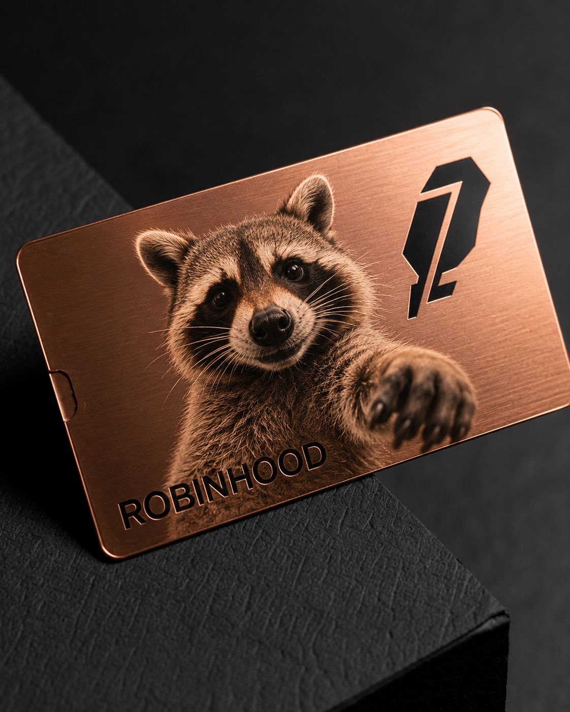 A copper Robinhood card engraved with Rocket's portrait