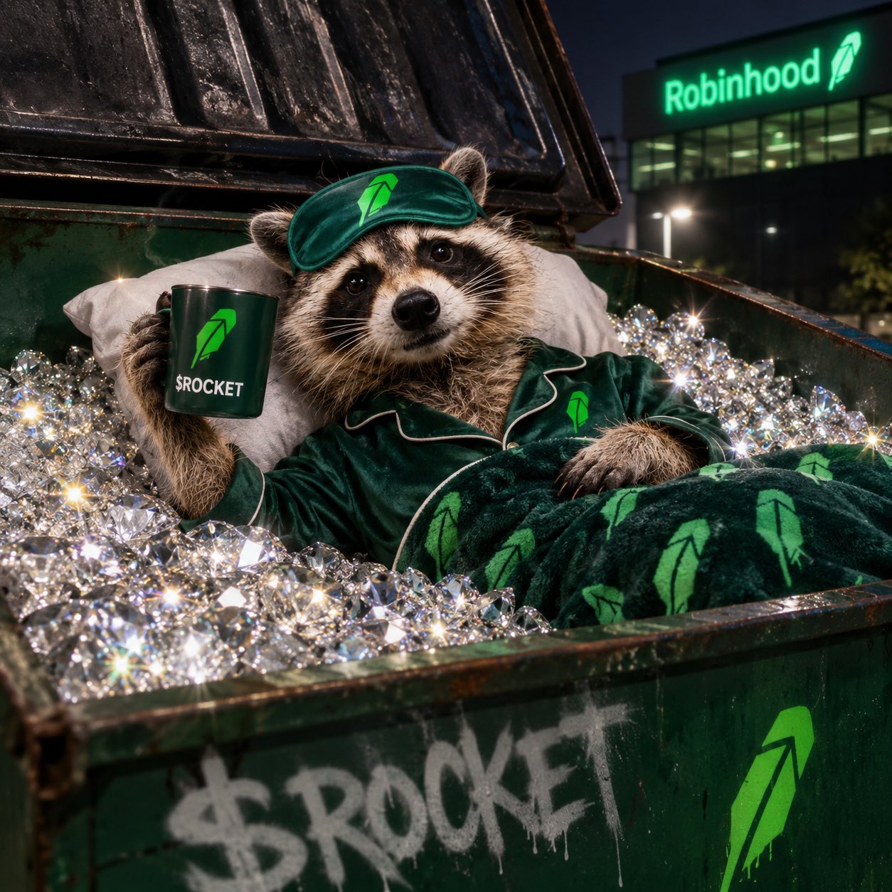 Rocket relaxing in a dumpster full of diamonds outside Robinhood HQ
