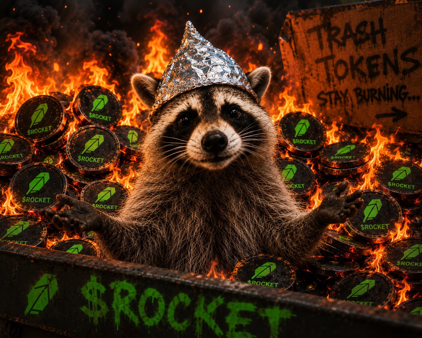 Rocket in a tinfoil hat shrugging in a burning dumpster of $ROCKET coins