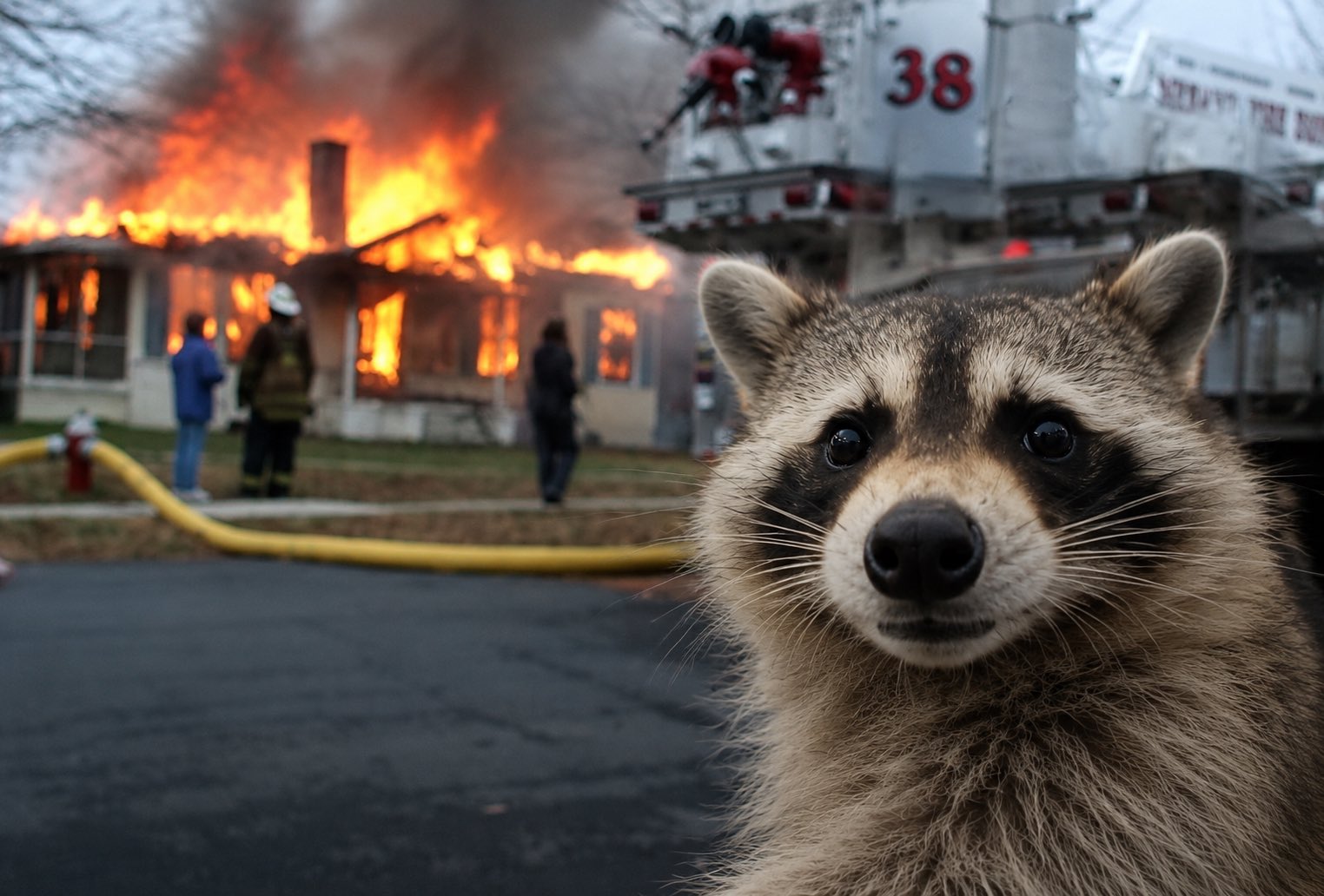 A raccoon looking at the camera in front of a burning house