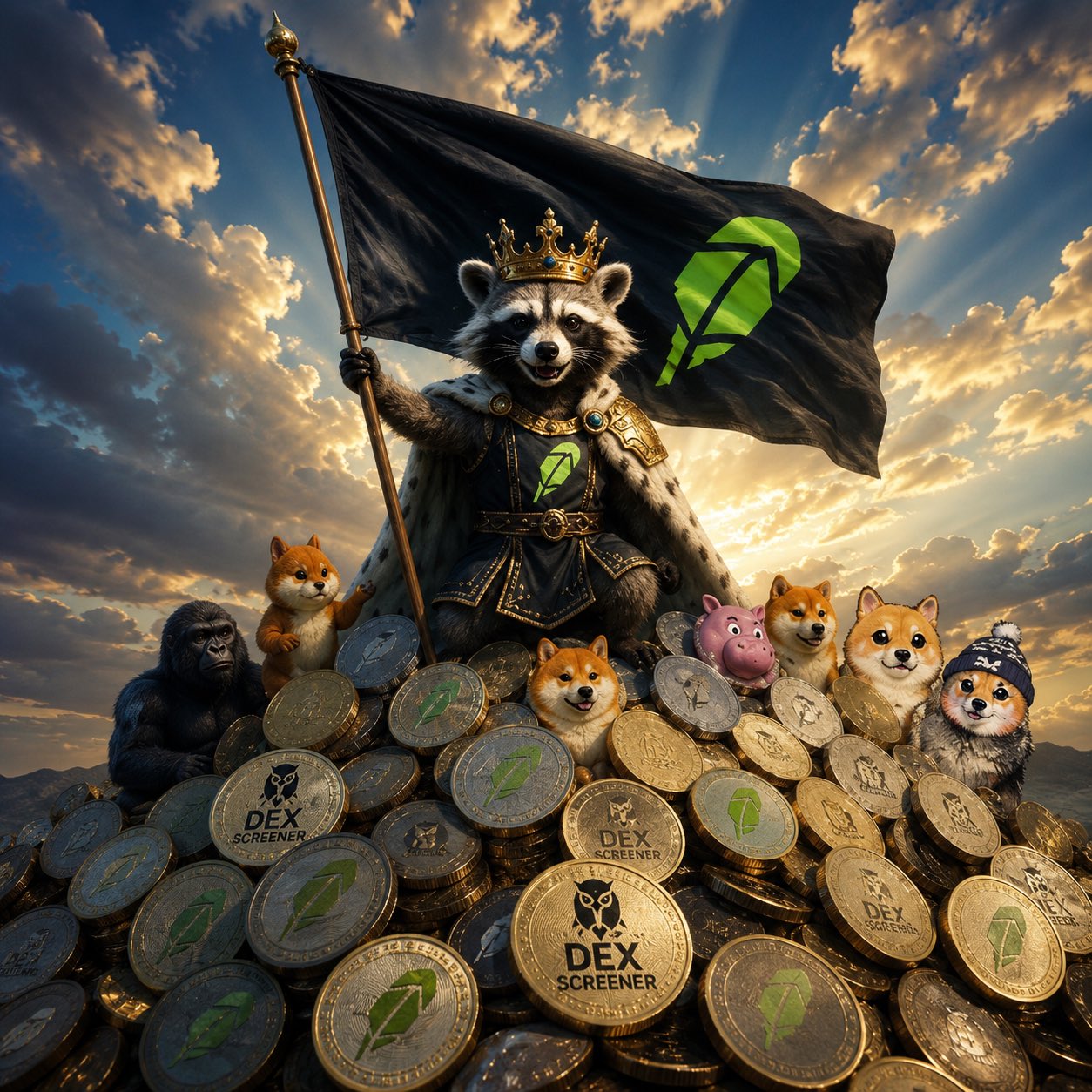 Crowned Rocket planting a Robinhood flag on a mountain of coins