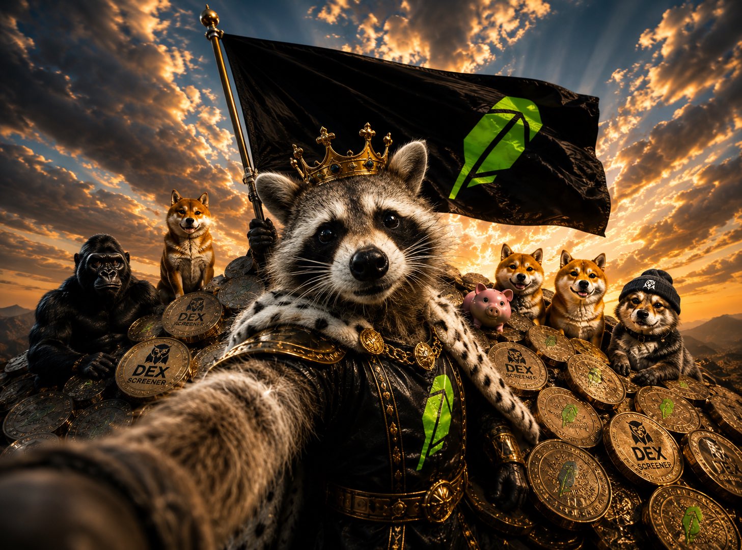 Crowned Rocket taking a selfie with meme animals on a coin mountain