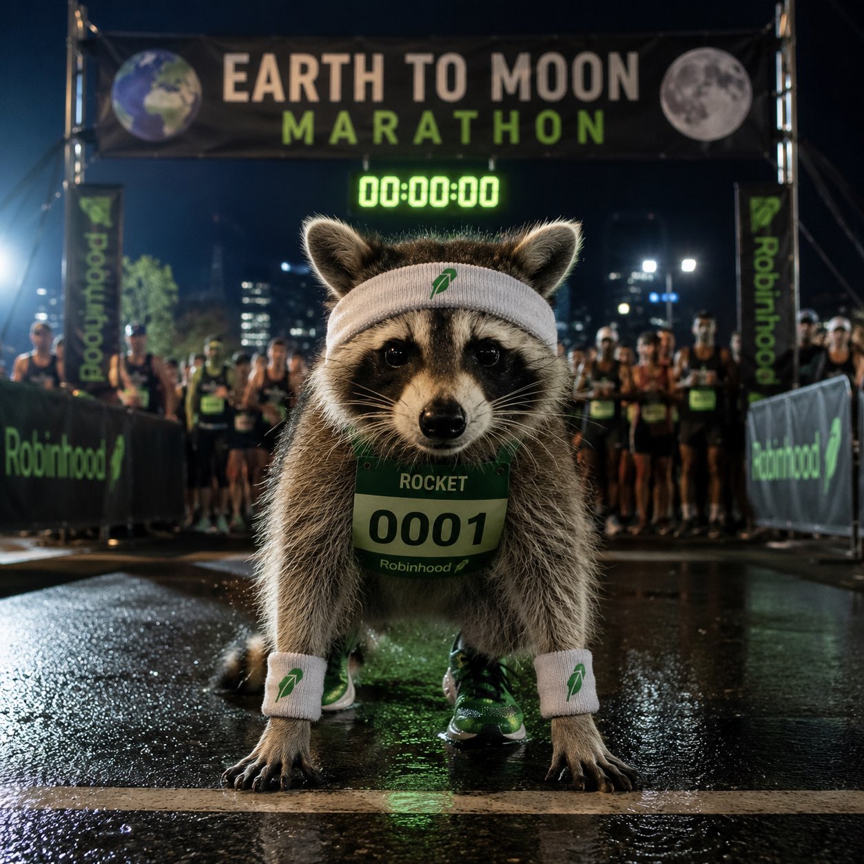 Rocket at the start line of the Earth to Moon marathon wearing bib 0001