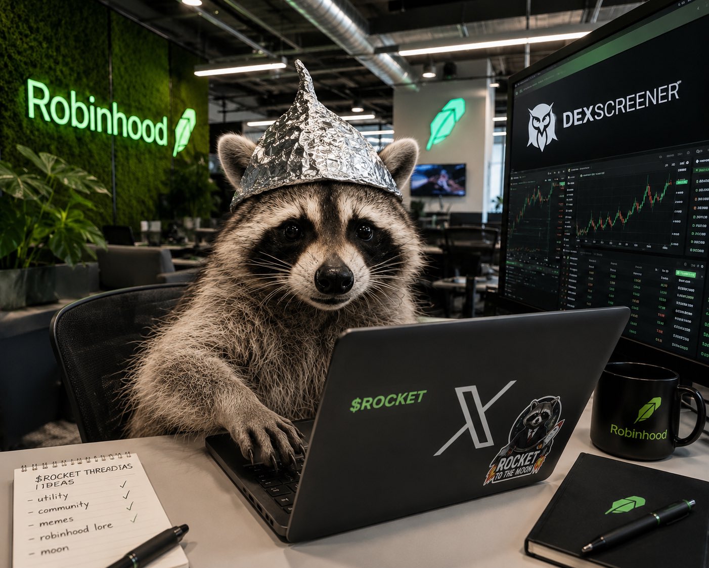 Rocket in a tinfoil hat working on a laptop inside the Robinhood office
