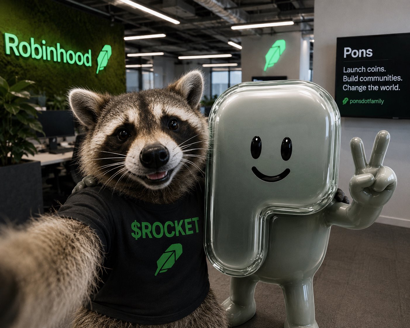 Rocket taking a selfie with the Pons mascot in the Robinhood office