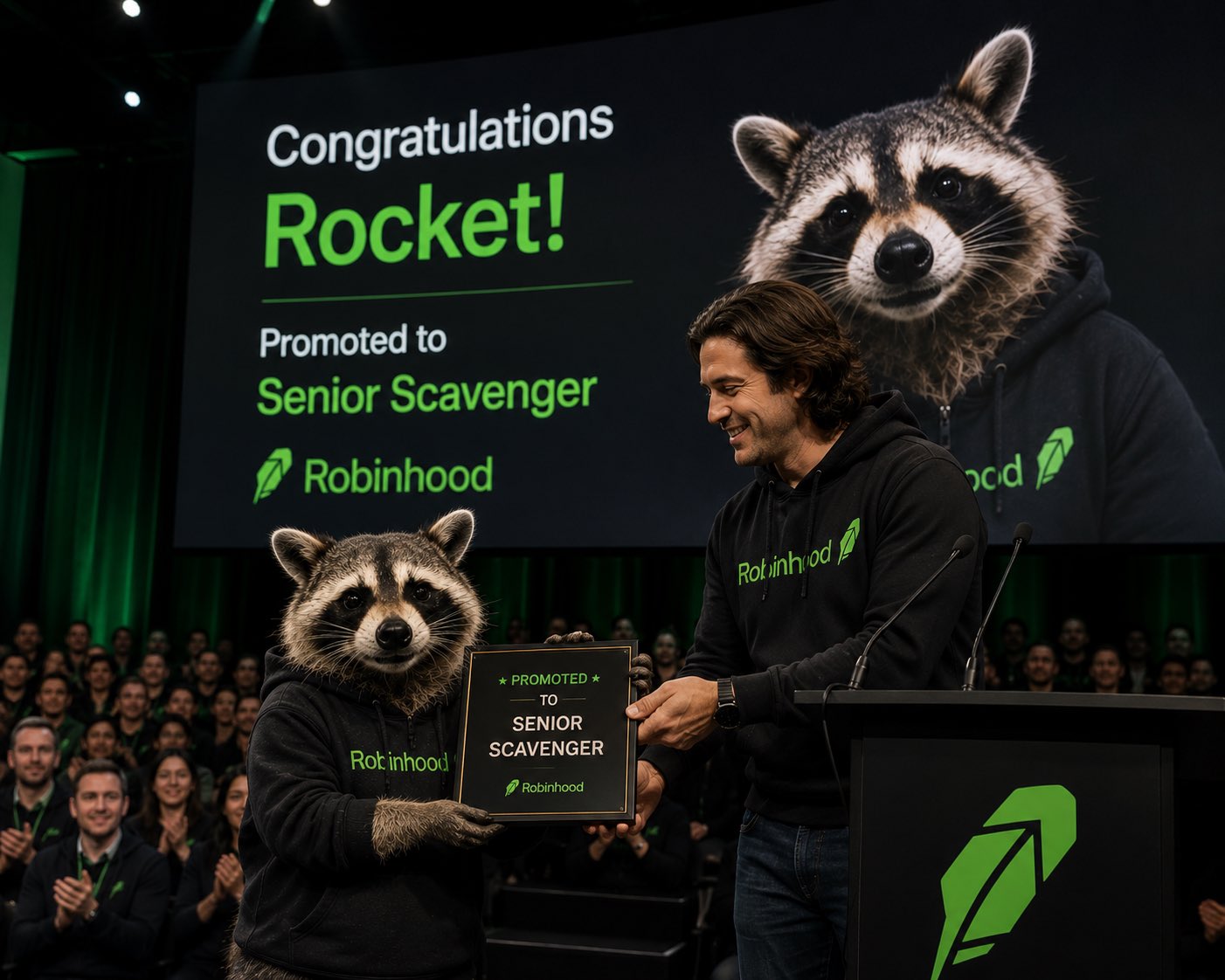 Rocket receiving a plaque on stage: promoted to Senior Scavenger