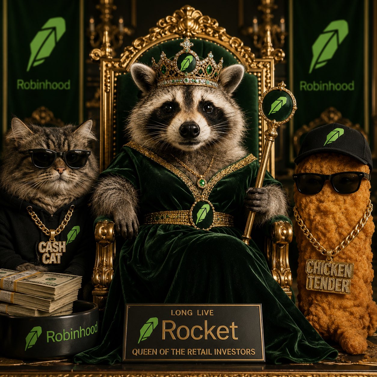 Rocket crowned on a throne with the plaque Long Live Rocket, Queen of the Retail Investors