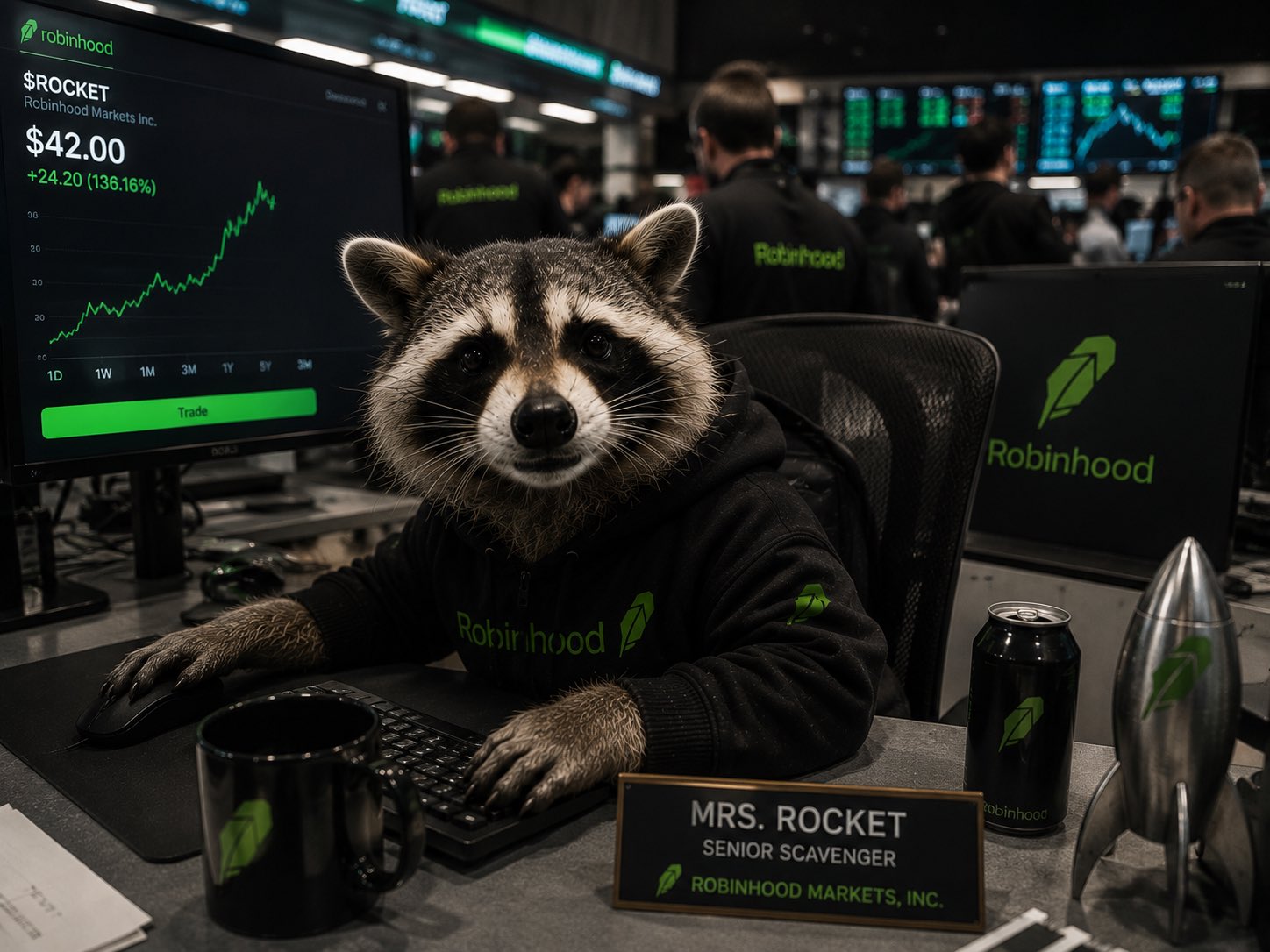 Mrs. Rocket, Senior Scavenger, at a Robinhood trading desk